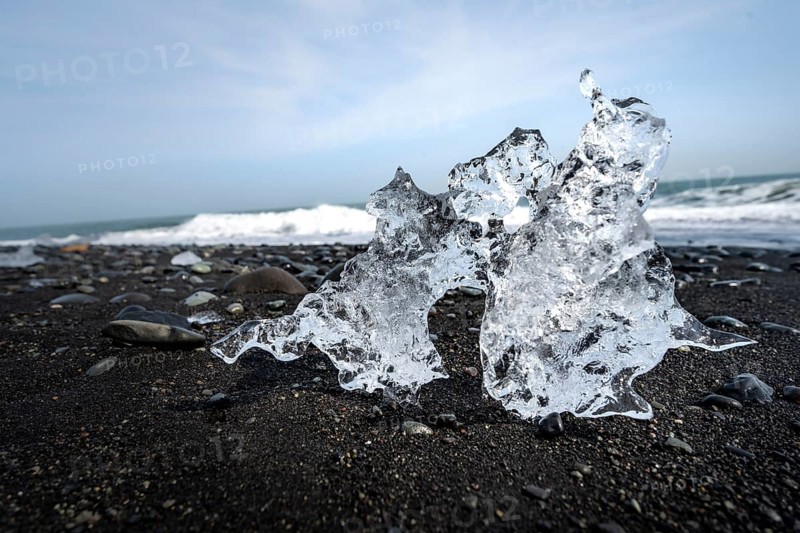 Ice, piece of ice on black sand beach, on black lava beach Diamond Beach, Southeast Iceland, Iceland, Europe