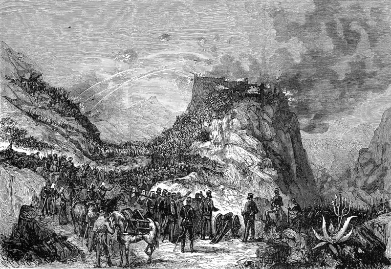 Capture of the fortress of Magdala by English troops. The Battle of Magdala took place on 13 April 1868 and was the final point of the British Ethiopian Expedition of 1867-68, Historical, digitally restored reproduction of an original 19th century original, exact original date unknown