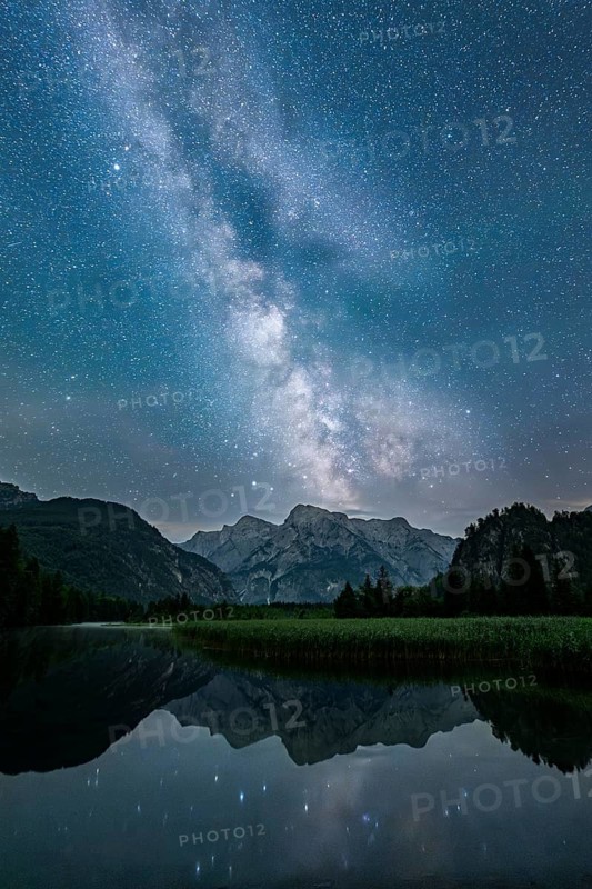 Milky Way over Almsee, Reflection, Totes Gebirge, Grünau, Almtal, Salzkammergut, Upper Austria, Austria, Europe