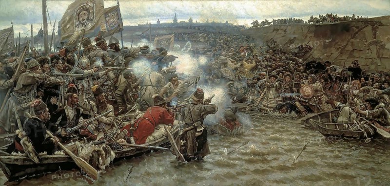 The Conquest of Siberia by Jermak, a painting by Vasily Surikov, Jermak Timofeyevich, 1525 or 1540 to August 1585, a Russian Cossack ataman and explorer, Historical, digitally restored reproduction of a 19th century original, exact date unknown