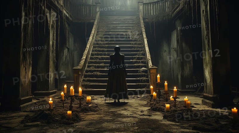 Eerie haunting ghostly silhouetted female figure in front of stairs in a haunting abandoned spooky house on halloween night, generative AI