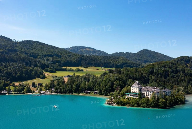 Drone shot, Fuschl Castle, Fuschlsee, Fuschl am See, Salzkammergut, Land Salzburg, Austria, Europe