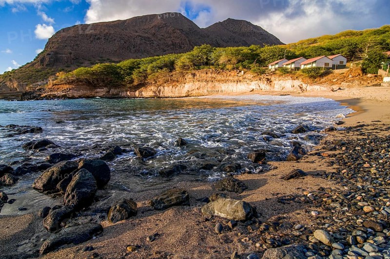 Coast with sandbeach and buildings. Tarrafal. Santiago. Cabo Verde. Africa
