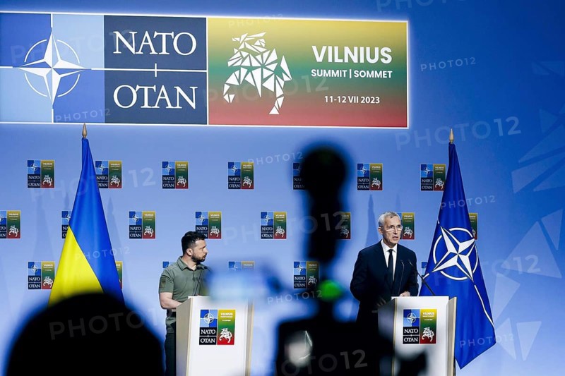 Ukrainian President Volodomyr Zelensky and NATO Secretary General Jens Stoltenberg, pictured at a joint press conference at the NATO Summit in Vilnius, Lithuania. Vilnius, 12.07.2023., Vilnius, Lithuania, Europe