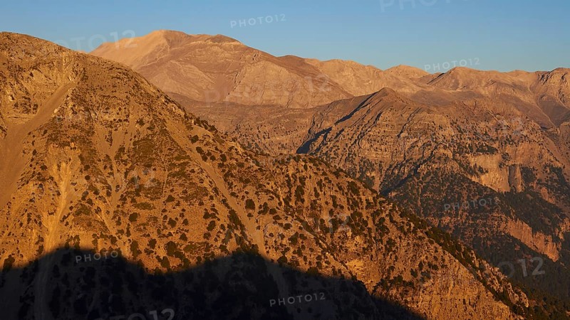 Kallergi Hut, Samaria Gorge, evening light, mountain shade, cloudless blue sky, Omalos, Lefka Ori, White Mountains, West Crete, island of Crete, Greece, Europe