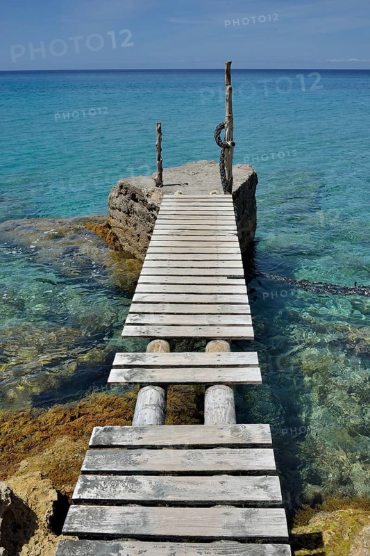 Jetty near the beach of Cala d'Hort, Sant Josep de sa Talaia, Ibiza, Balearic Islands, Spain, Europe
