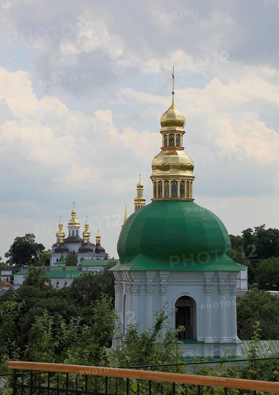 Church tower with green and golden dome, part of the Kiev Cave Monastery, Holy Mary Ascension Monastery, Pecherskaya Lavra, Kiev, Ukraine, Europe
