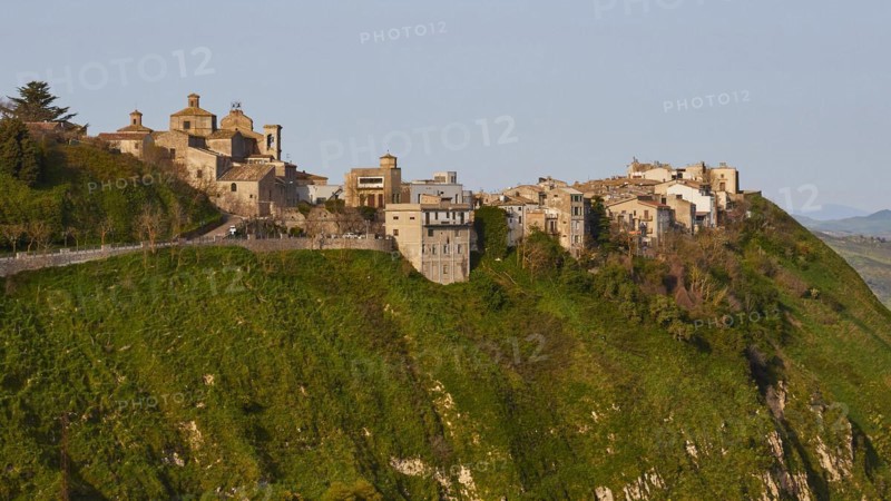 Small town on green hill, Polizzi Generosa, close, historical buildings, churches, Madonie National Park, spring, Sicily, Italy, Europe