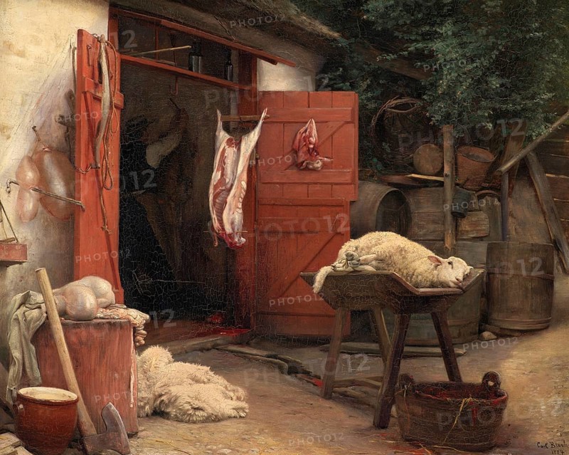 Slaughtering Animals, A Slaughterhouse in Hellebaek in Denmark, 1875, Painting by Carl Bloch, Historical, Digitally enhanced reproduction of an original from the period