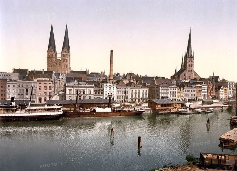The Lower Trave near the Holsten Gate in Lübeck, Schleswig-Holstein, Historic, digitally enhanced reproduction of a photochrome print from 1898