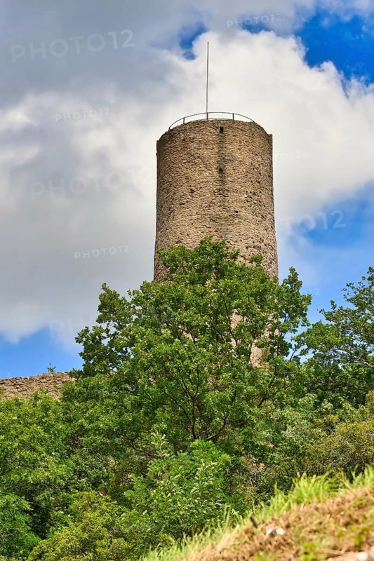 Tower of German castle ruin and restaurant called Strahlenburg in Odenwald forest in Schriesheim city