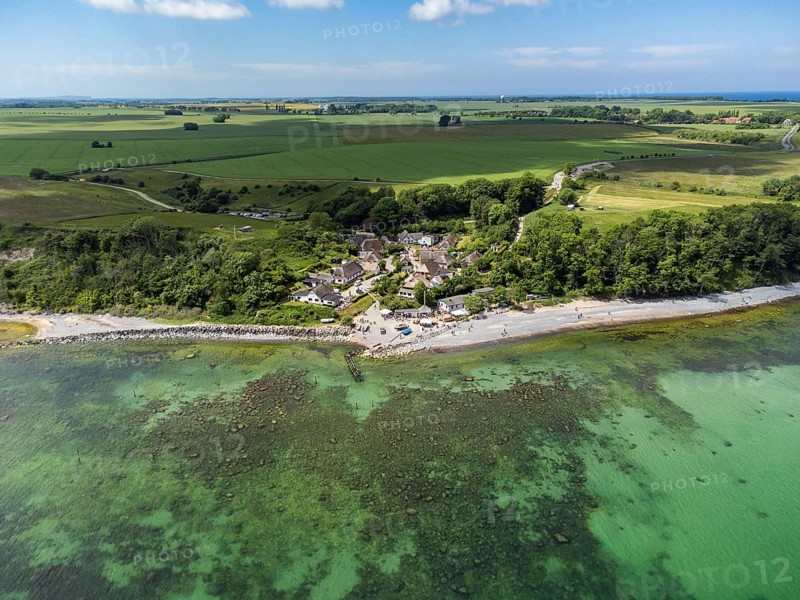 Aerial view of the fishing village of Vitt at Cape Arkona, Putgarten, Island of Rügen, Mecklenburg-Western Pomerania, Germany, Europe