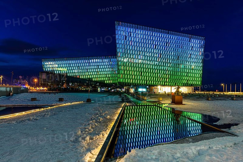 Illuminated facade of the Harpa Concert Hall and Congress Centre, night shot, Reykjavik, Reykjanes Peninsula, Sudurnes, Iceland, Europe