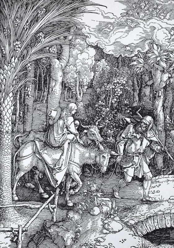 Picture cycle From the Life of the Virgin, the Flight into Egypt, woodcut by Albrecht Dürer, historical, digital improved reproduction of an old woodcut