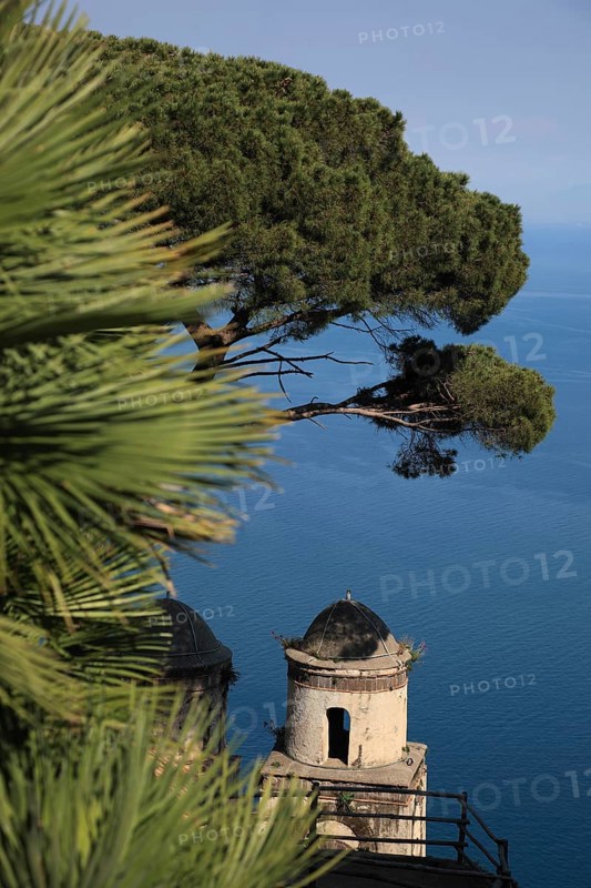 View from Villa Rufolo of the Gulf of Salerno and the towers of the Church of Chiese dell Annunziata, Campania, Italy, Europe