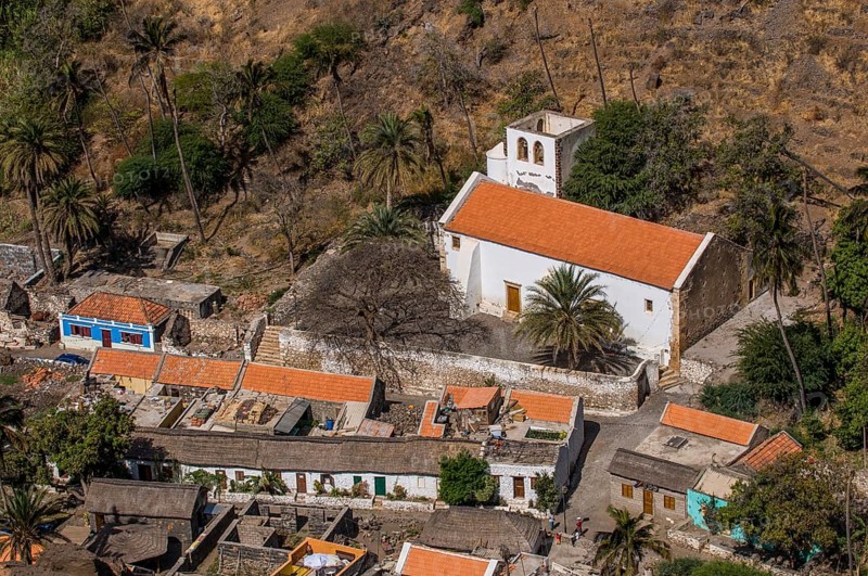 View over city with houses and church. Ciudad Velha. Cidade Velha. Santiago. Cabo Verde. Africa