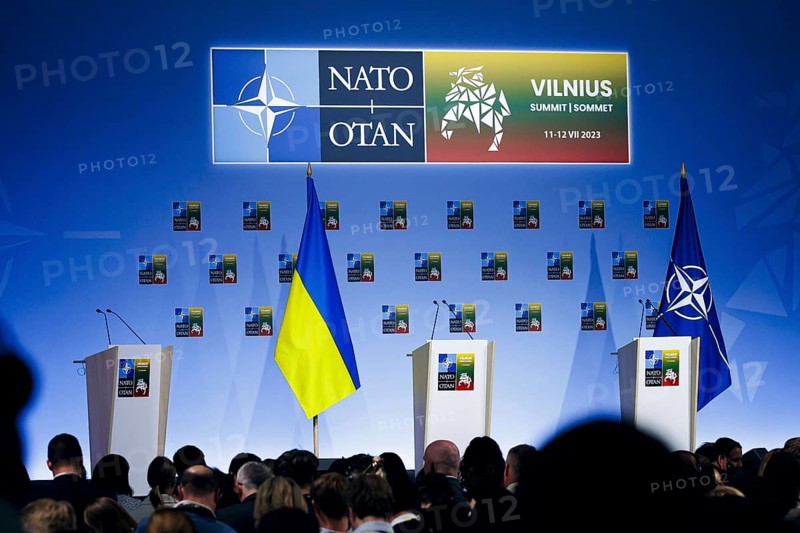 The Ukrainian flag stands on a stage at the NATO summit in Vilnius, Lithuania. Vilnius, 12.07.2023., Vilnius, Lithuania, Europe