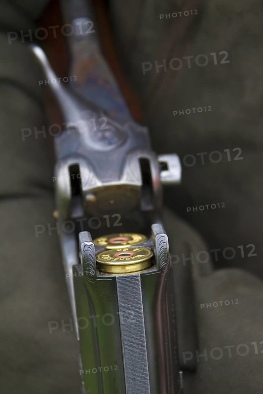 Hunter's open double-barreled break-action shotgun with two small-shot cartridges, shotgun shells for game shooting