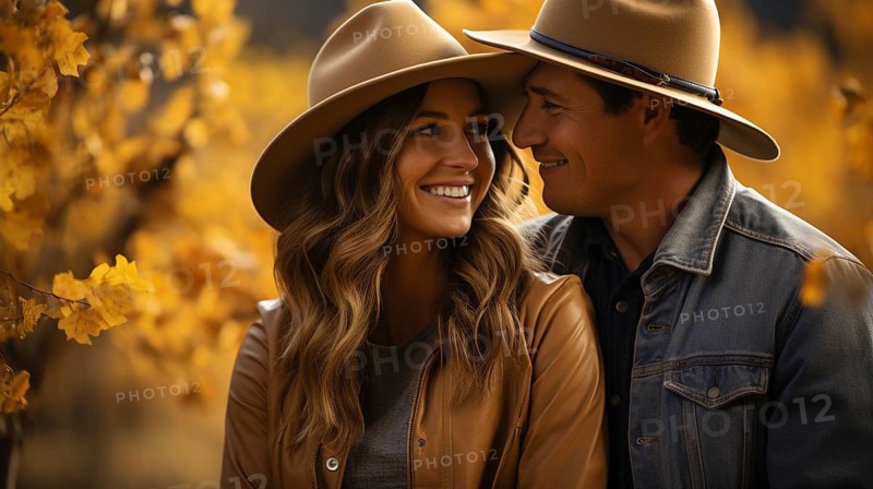 Young adult romantic couple wearing cowboy hats enjoying the fall country atmosphere, generative AI