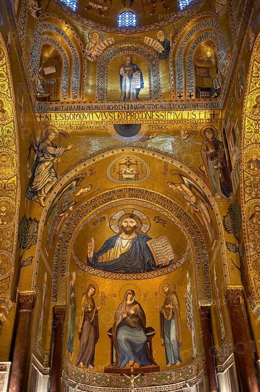 Medieval Byzantine style mosaics of Christ Pantocrator above the altar of the Palatine Chapel, Cappella Palatina, Palermo, Italy, Europe
