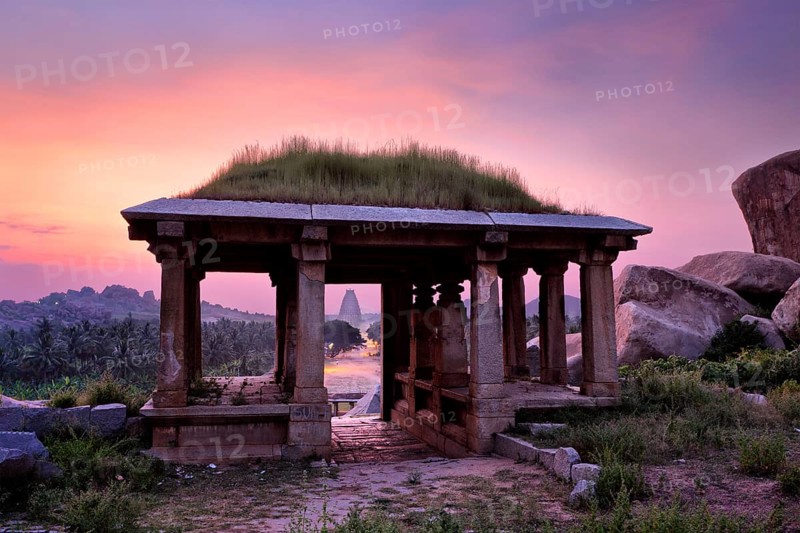 Ancient ruins in Hampi on sunset. Above Hampi Bazaar, Hampi, Karnataka, India, Asia