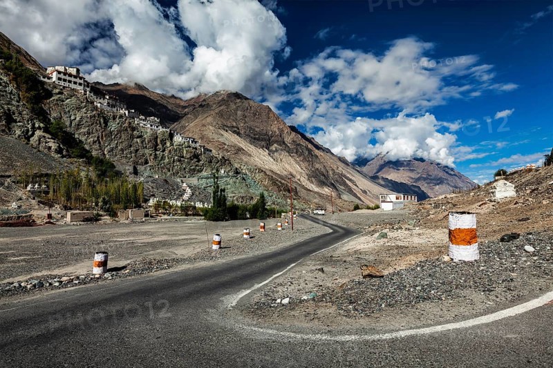 Road to Diskit gompa (Tibetan Buddhist monastery), Nubra valley, Ladakh, India, Asia