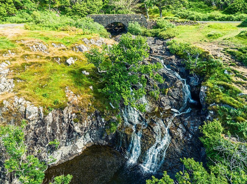 Eas Fors Waterfall from a drone, Isle of Mull, Scottish Inner Hebrides, Scotland, UK