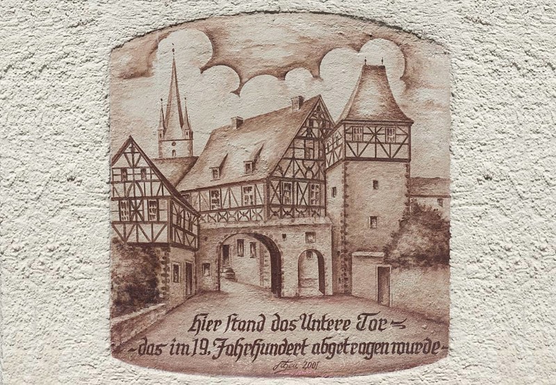 Wall painting, reminder of a medieval town gate, Zeil am Main, Lower Franconia, Bavaria, Germany, Europe