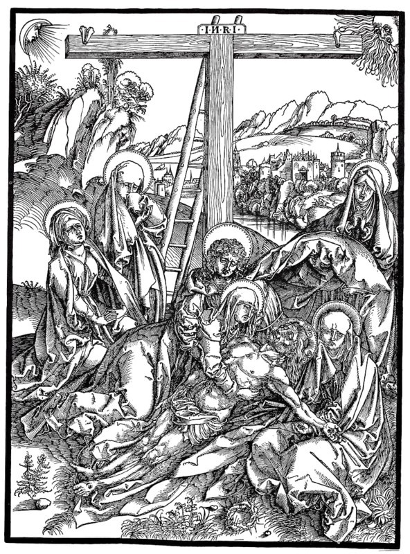 Lamentation of Christ, woodcut by Albrecht Dürer, historical, digitally improved reproduction of an old woodcut