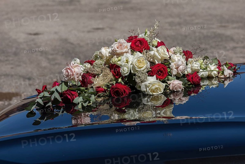 Bridal bouquet on a bridal car, Bavaria, Germany, Europe