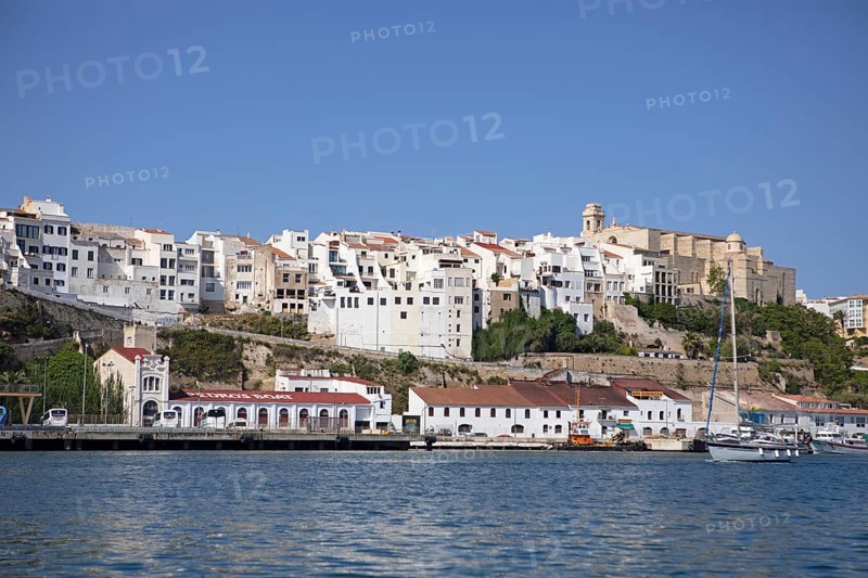 Old town and boats in the natural harbour of Mao, Mahon, Menorca, Spain, Europe