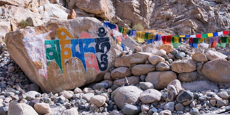 Mani stones with the engraved Tibetan mantra Om Mani Padme Hum, Nubra Valley, Ladakh, Jammu and Kashmir, India, Asia