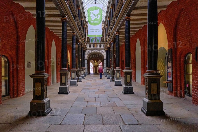 Inner courtyard of the town hall with wooden gallery on 14 columns from the Baroque period, 4 March 2022, Hanseatic City of Stralsund, Mecklenburg, Western Pomerania
