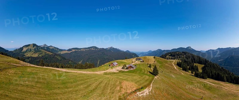Drone shotMountain landscape, alpine meadow with alpine huts on the Feichtensteinalm, Hintersee, Osterhorngruppe, Salzkammergut, Land Salzburg, Austria, Europe