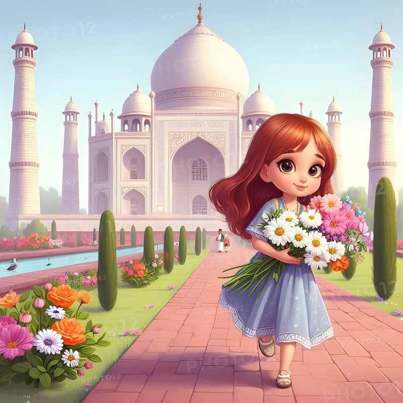 Cute anime girl with flowers near Tajmahal. AI generated