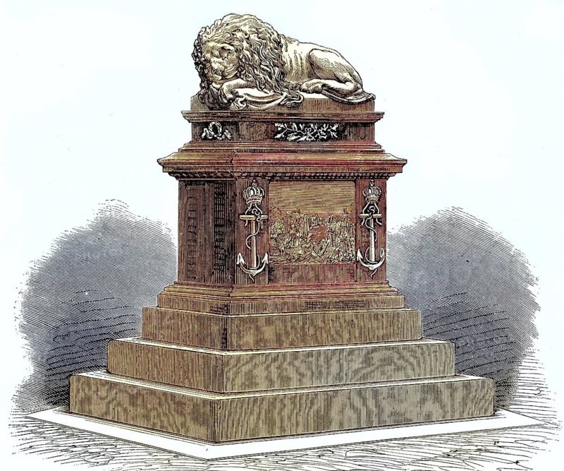 Sad Lion, monument in the cemetery of the island of Lissa commemorating the naval battle of Lissa on 20 July 1866, today Croatia, Historical, digitally restored reproduction of a 19th century original