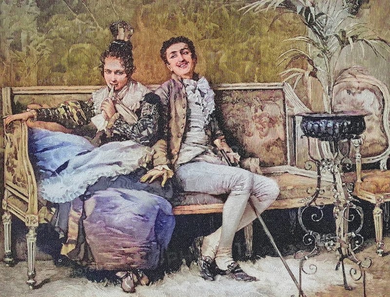 Young couple sitting on a sofa, relieved facial expression. Woodcut after a painting by P. Bedini, The End of the Thunderstorm, Historical, digitally restored reproduction of an original from the 19th century, exact original date not known