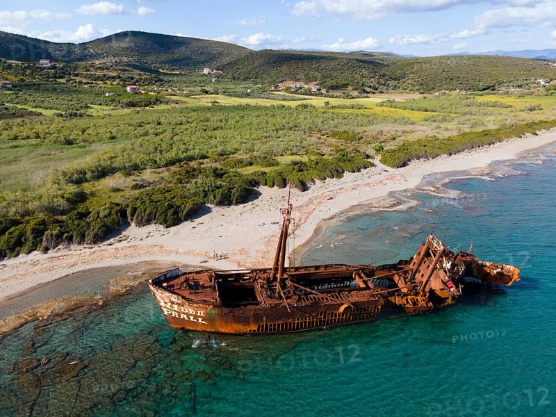 Drone shot, Dimitrios shipwreck, Glyfada beach, Selinitsa, Gythio, Githio, Gythion, Mani, Lakonia, Peloponnese, Greece, Europe