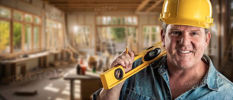 Happy male contractor at a construction site wearing a hard hat and work gloves holding his level