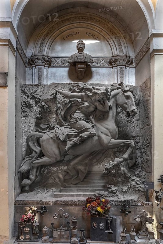 Monumental sculpture, young woman on a horse at a grave in the Monumental Cemetery, Cimitero monumentale di Staglieno), Genoa, Italy, Europe