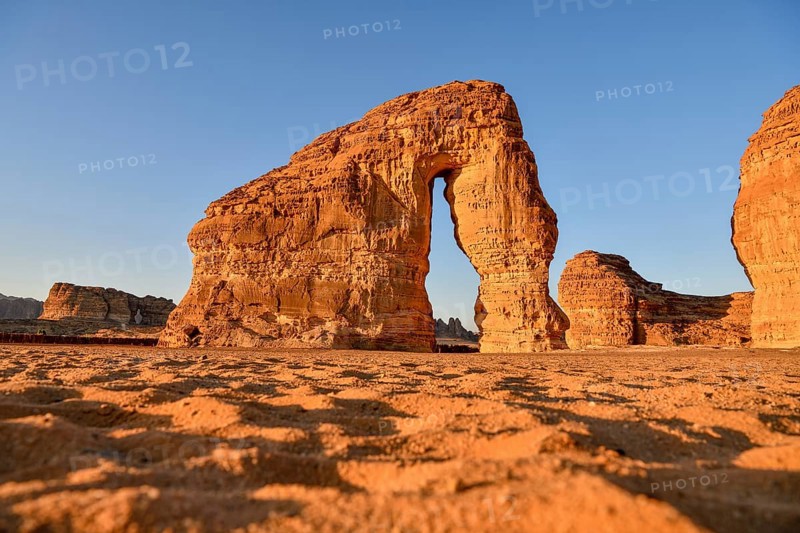 Elephant Rock or Elephant Rock in First Daylight, AlUla, Medina Province, Saudi Arabia, Arabian Peninsula, Asia