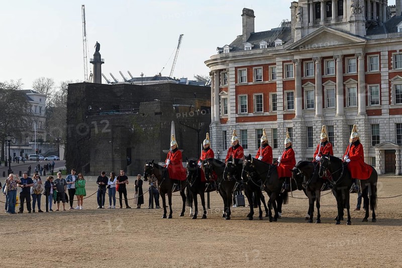 Parade of Horse Guards, soldiers of the Household Cavalry Mounted Regiment, White Hall, Westminster, London, England, Great Britain