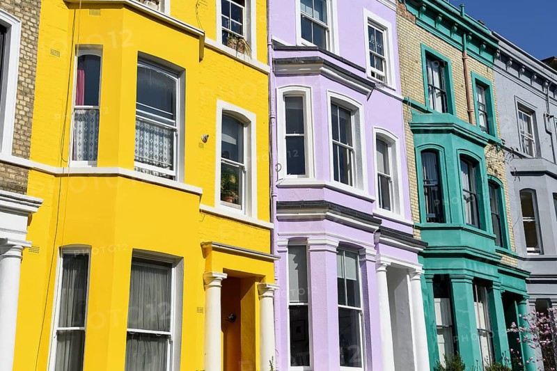 Colourful house facades on Lancaster Road, detail, Notting Hill, London, England, United Kingdom, Europe