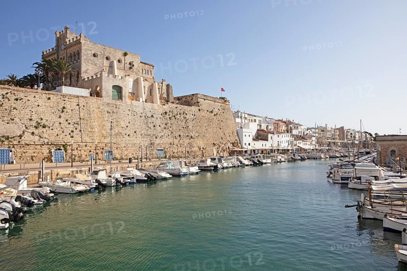 Historic harbour, town hall on the left, Ciutadella or Ciutadela, Menorca, Balearic Islands, Spain, Europe