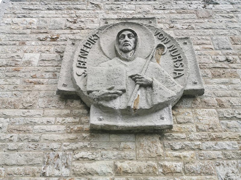 Saint Benedict of Nursia, founder of the order, relief at Münsterschwarzach Abbey, Benedictine monastery, Kitzingen district, Lower Franconia, Bavaria, Germany, Europe