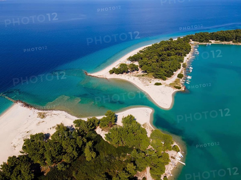 Aerial view, lagoon, beach and harbour, Glarokavos, Pallini, Kassandra Peninsula, Chalkidiki, Greece, Europe