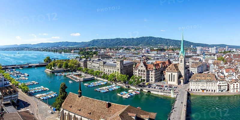 Lake Zurich skyline from above with Lake Zurich panorama in Zurich, Switzerland, Europe
