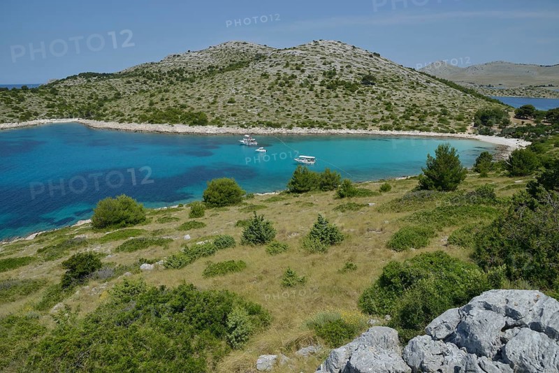 Excursion boats in Lojena Bay, Levrnaka Island, Kornati islands, Kornati National Park, Adriatic, Croatia, Europe