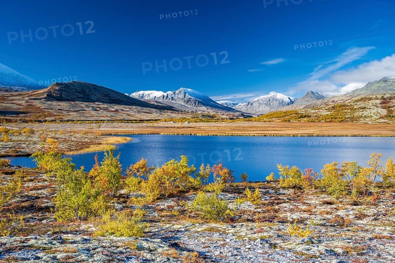 Autumn tundra with mountains and lake, Rondane National Park, Norway, Europe