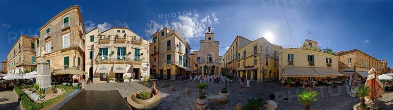 360° panorama in the centre of the medieval old town of Tropea, Piazza Ercole, Tropea, Vibo Valentia, Calabria, Southern Italy, Italy, Europe